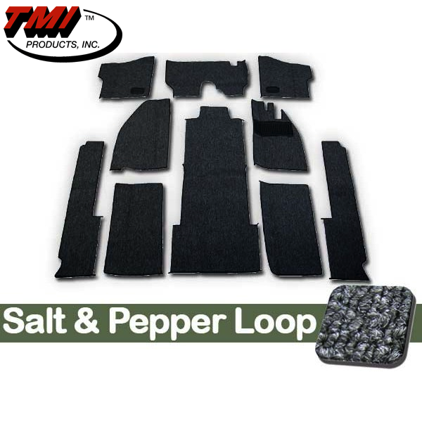 TMI Carpet Kit 10pc Bug 74-78 RHD with Binding, w/out footrest, Heater Grommets, Salt & Pepper Loop