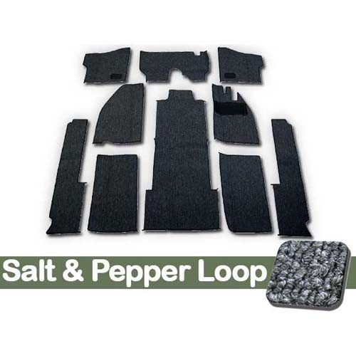 TMI Carpet Kit 10pc Bug 68-70 RHD with Binding, w/out footrest, Heater Grommets, Salt & Pepper Loop