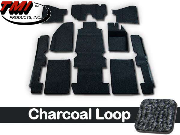 TMI Carpet Kit 10pc Super Bug 71-74 RHD with Binding, w/footrest, Charcoal Premium Loop